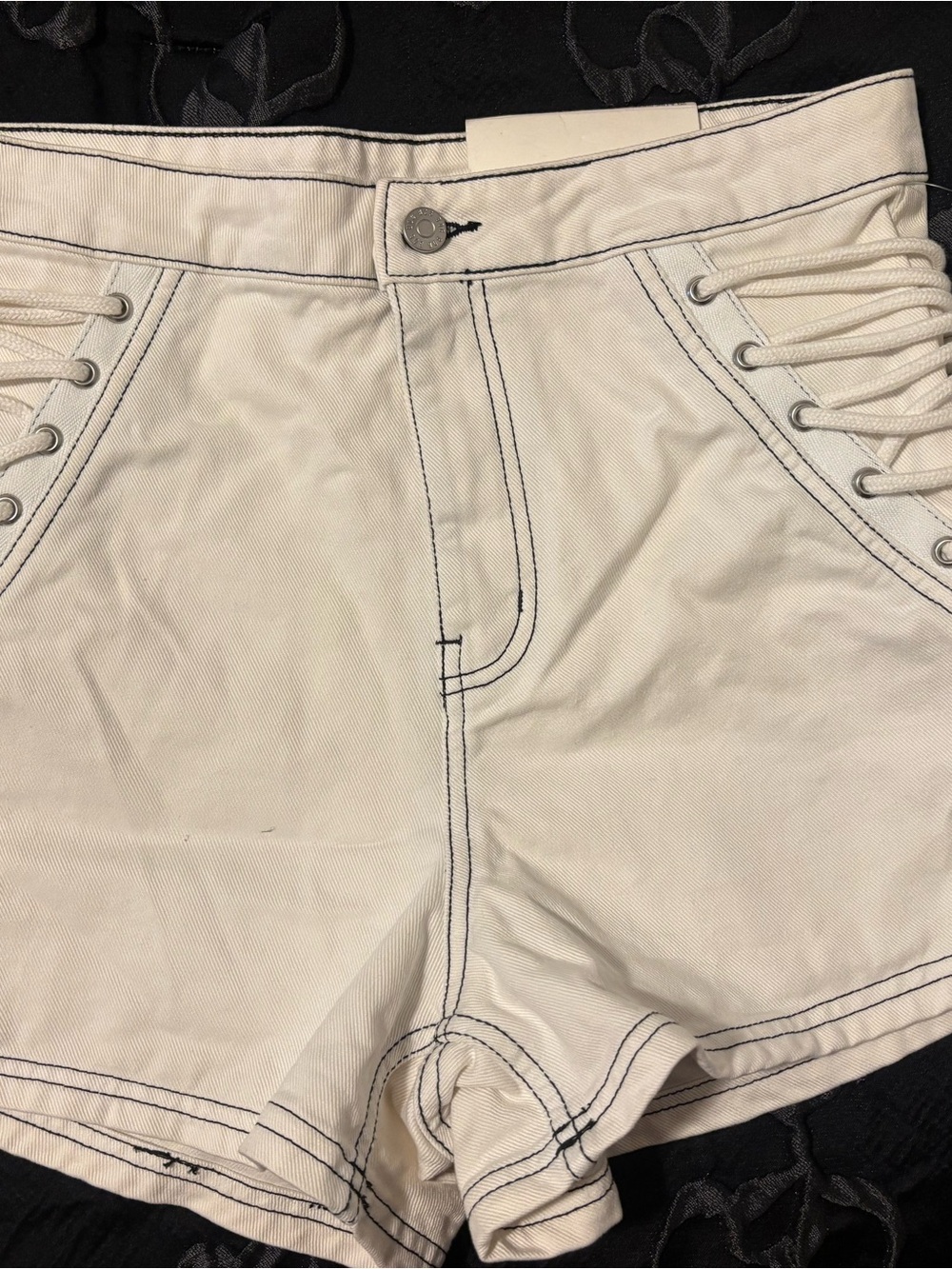 BDG Cream High Waist Shorts with Navy Contrast Stitching